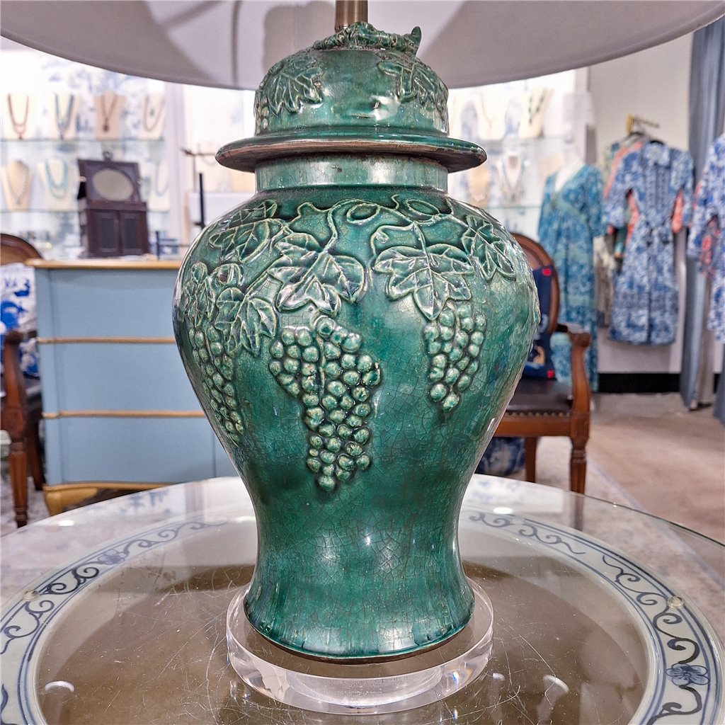 Danny's Fine Porcelain Green Lidded Peach Lid Temple Jar Lamp - Majestic Bird Pattern