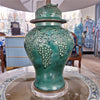 Danny's Fine Porcelain Green Lidded Peach Lid Temple Jar Lamp - Majestic Bird Pattern