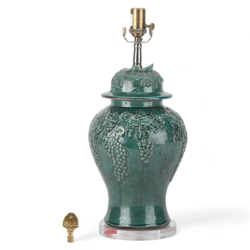 Danny's Fine Porcelain Green Lidded Peach Lid Temple Jar Lamp - Majestic Bird Pattern