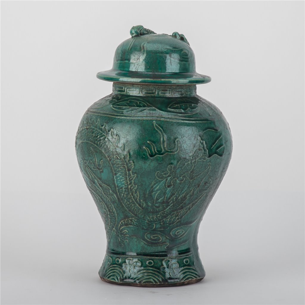 Danny's Fine Porcelain Green Lidded Peach Lid Temple Jar Majestic Bird Pattern