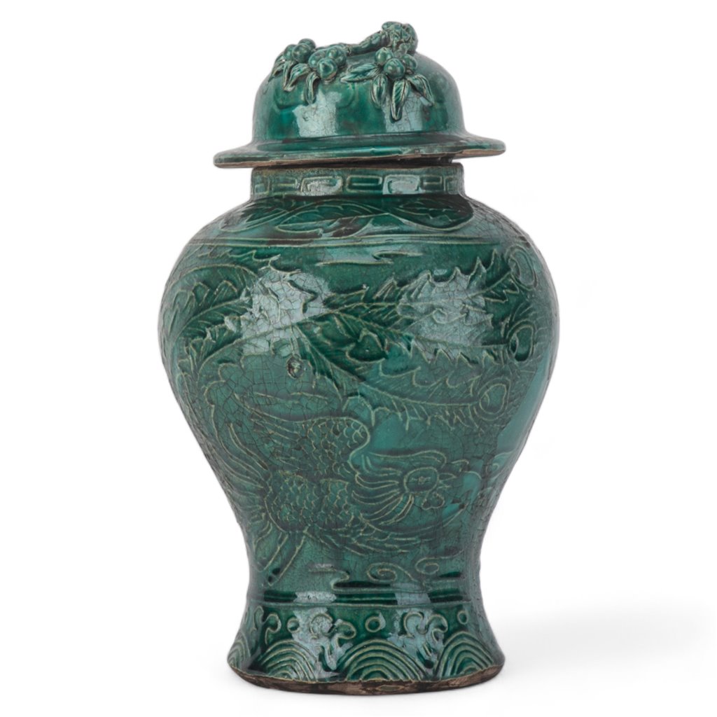 Danny's Fine Porcelain Green Lidded Peach Lid Temple Jar Majestic Bird Pattern