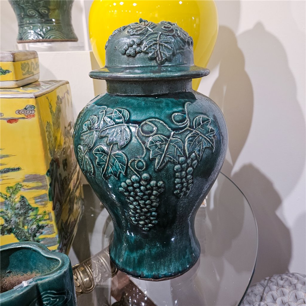 Danny's Fine Porcelain Green Lidded Peach Lid Temple Jar Majestic Bird Pattern