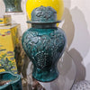 Danny's Fine Porcelain Green Lidded Peach Lid Temple Jar Majestic Bird Pattern