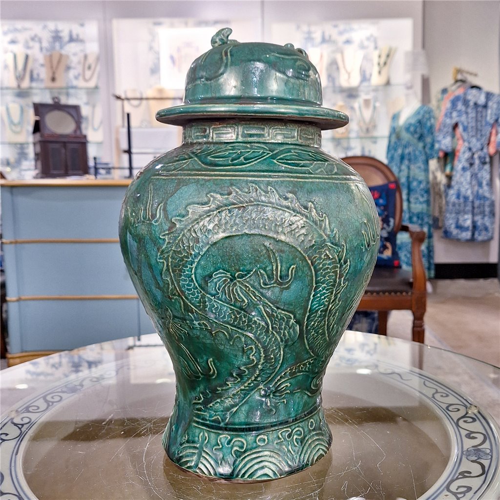 Danny's Fine Porcelain Green Lidded Peach Lid Temple Jar Majestic Bird Pattern
