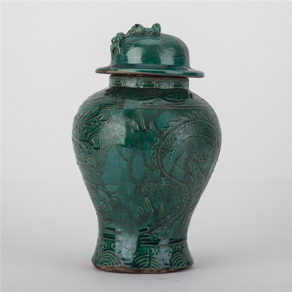 Danny's Fine Porcelain Green Lidded Peach Lid Temple Jar Majestic Bird Pattern