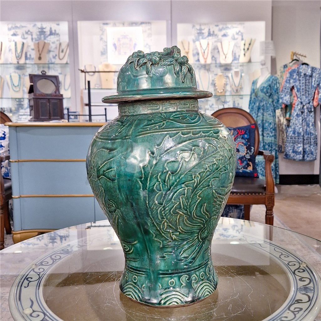 Danny's Fine Porcelain Green Lidded Peach Lid Temple Jar Majestic Bird Pattern