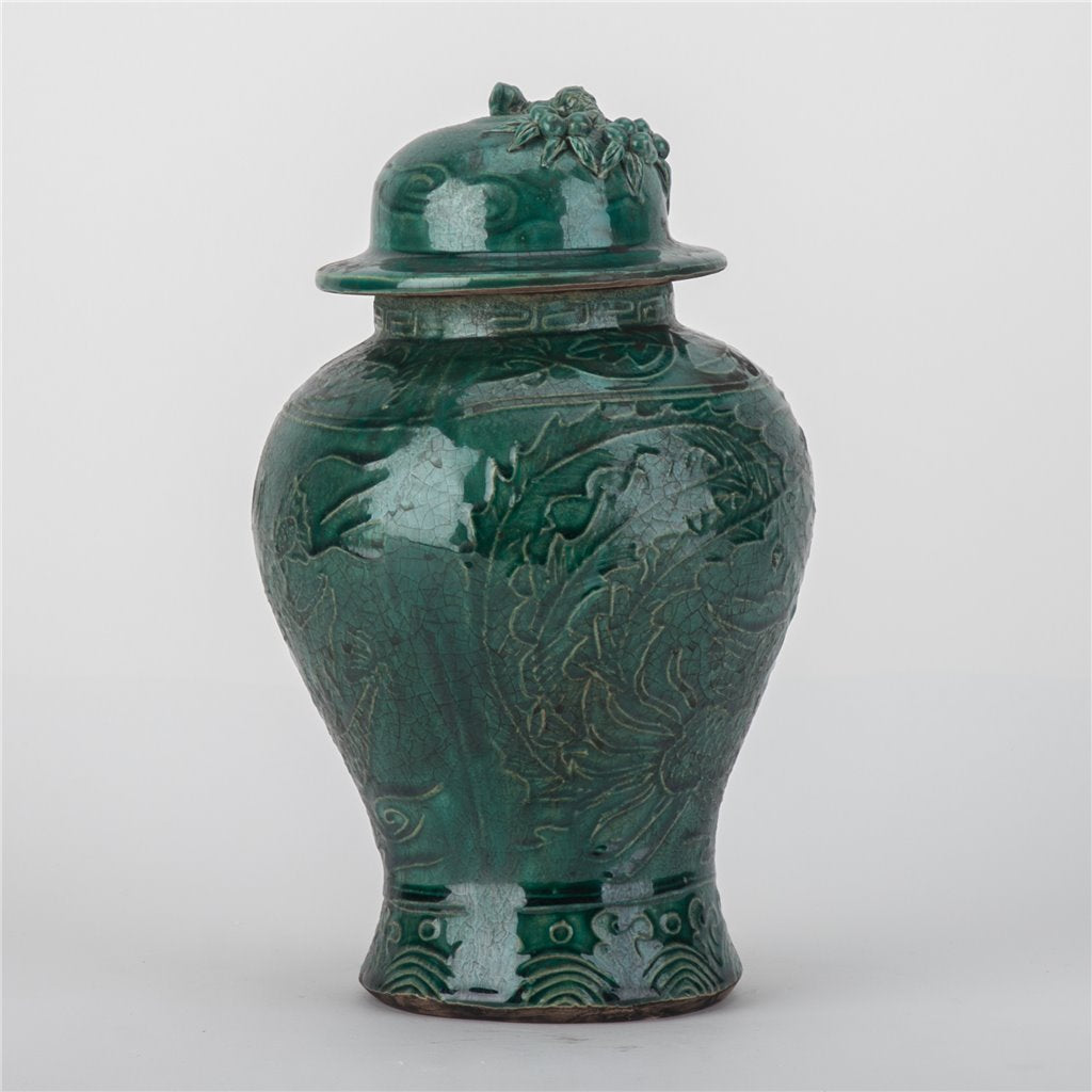 Danny's Fine Porcelain Green Lidded Peach Lid Temple Jar Majestic Bird Pattern