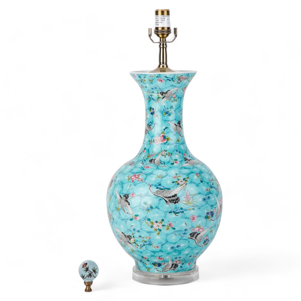 Danny's Fine Porcelain Ball Vase Lamp - Blue and Crane (acrylic Stand)