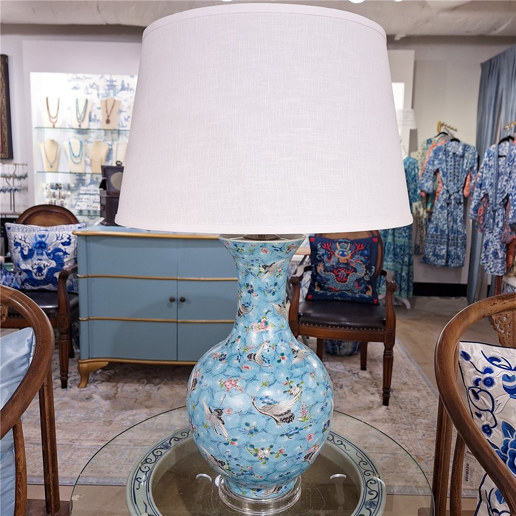 Danny's Fine Porcelain Ball Vase Lamp - Blue and Crane (acrylic Stand)