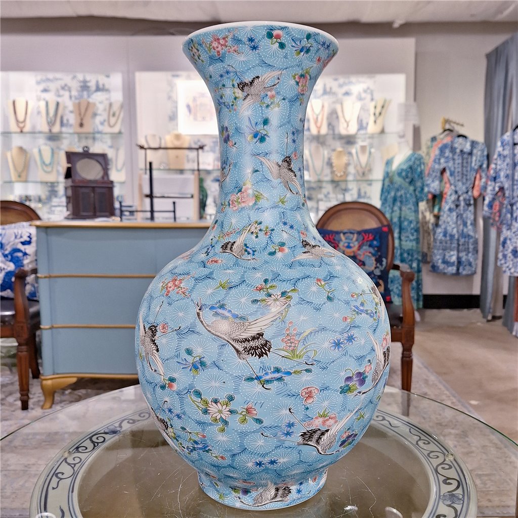 Danny's Fine Porcelain Ball Vase Blue and Crane