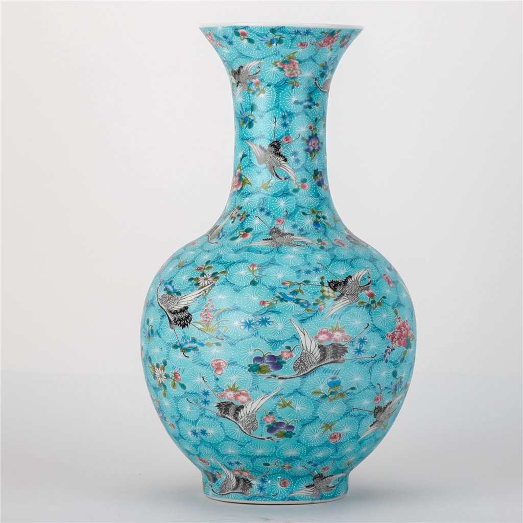 Danny's Fine Porcelain Ball Vase Blue and Crane