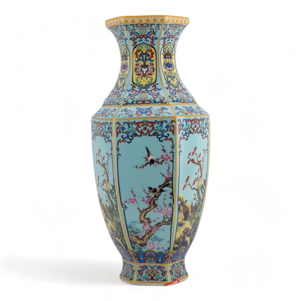 Danny's Fine Porcelain Red Porcelain Hexagonal Vase – Bird & Floral Motif