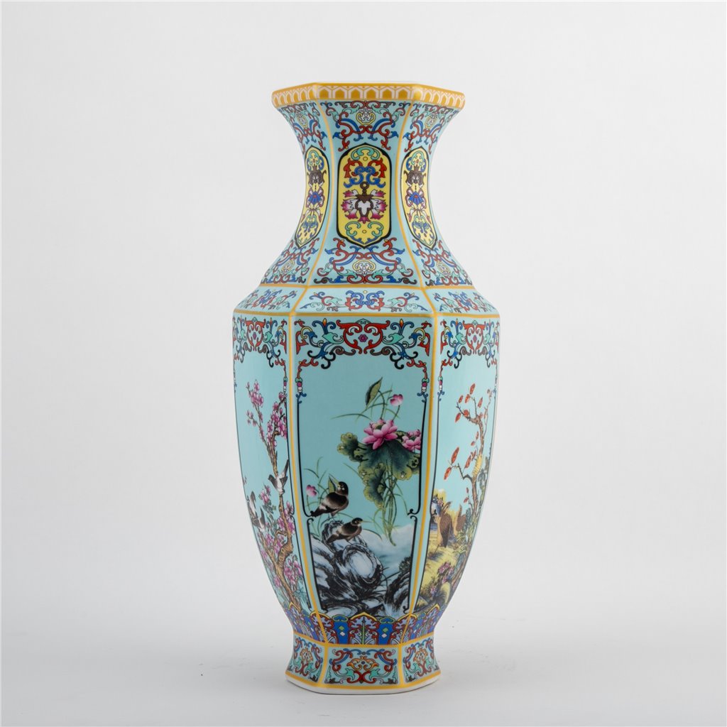 Danny's Fine Porcelain Red Porcelain Hexagonal Vase – Bird & Floral Motif