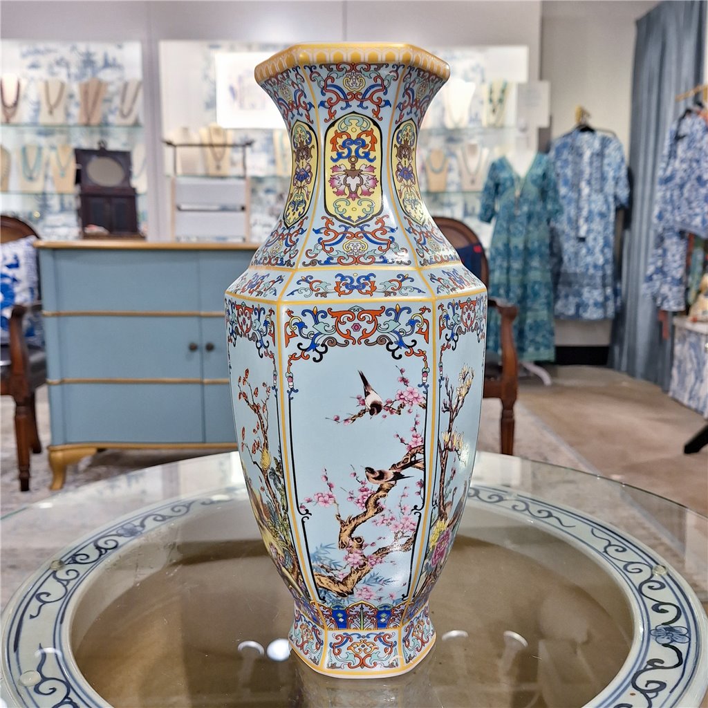 Danny's Fine Porcelain Red Porcelain Hexagonal Vase – Bird & Floral Motif