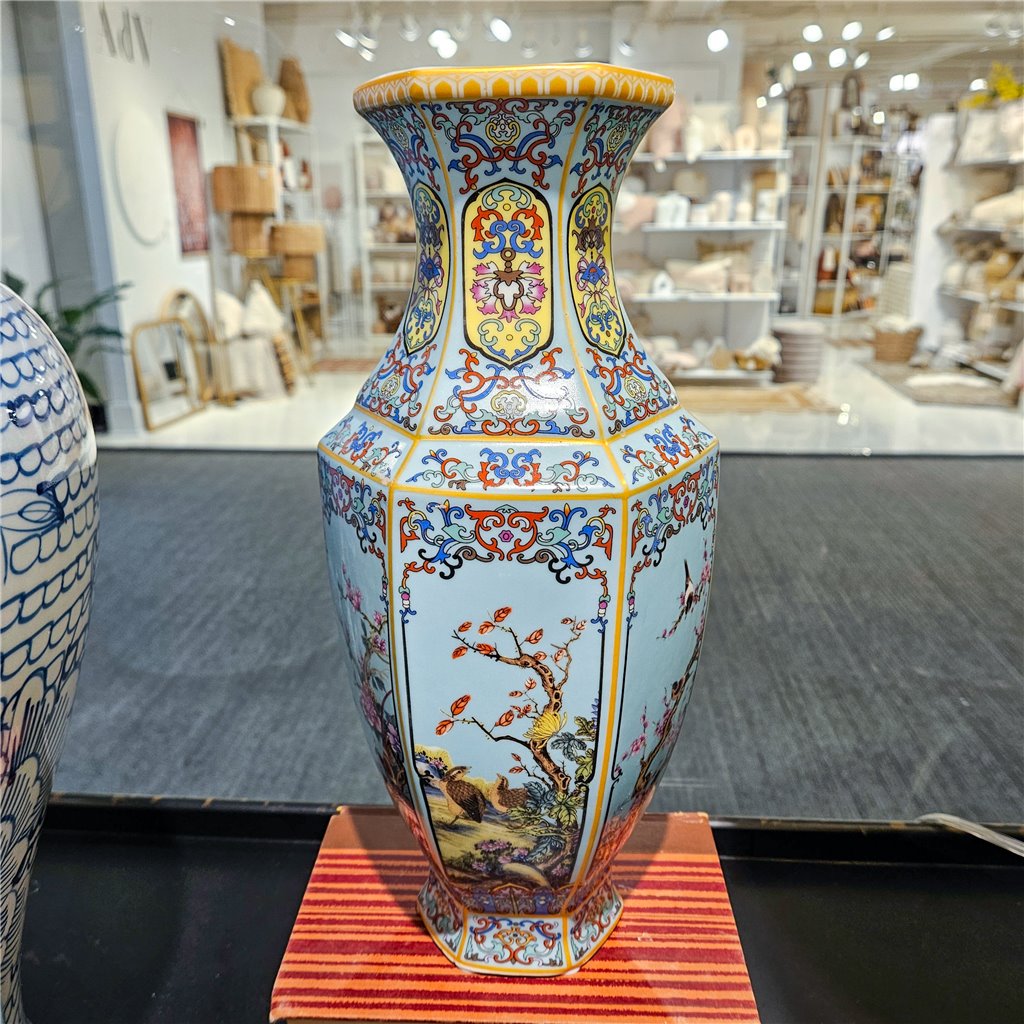 Danny's Fine Porcelain Red Porcelain Hexagonal Vase – Bird & Floral Motif