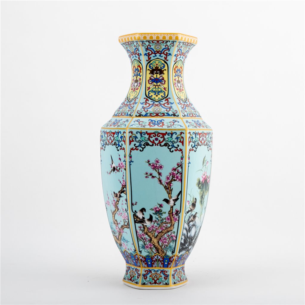 Danny's Fine Porcelain Red Porcelain Hexagonal Vase – Bird & Floral Motif