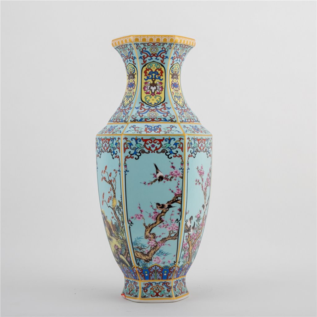 Danny's Fine Porcelain Red Porcelain Hexagonal Vase – Bird & Floral Motif