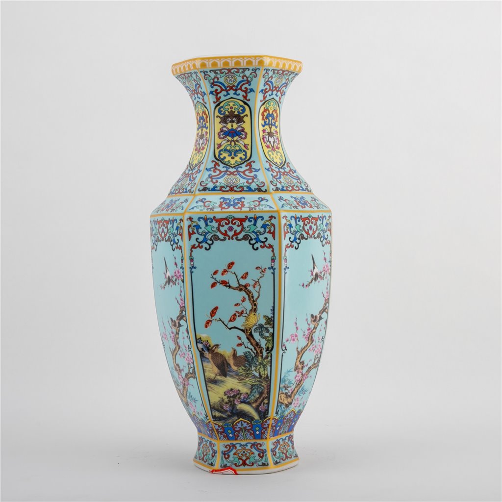 Danny's Fine Porcelain Red Porcelain Hexagonal Vase – Bird & Floral Motif