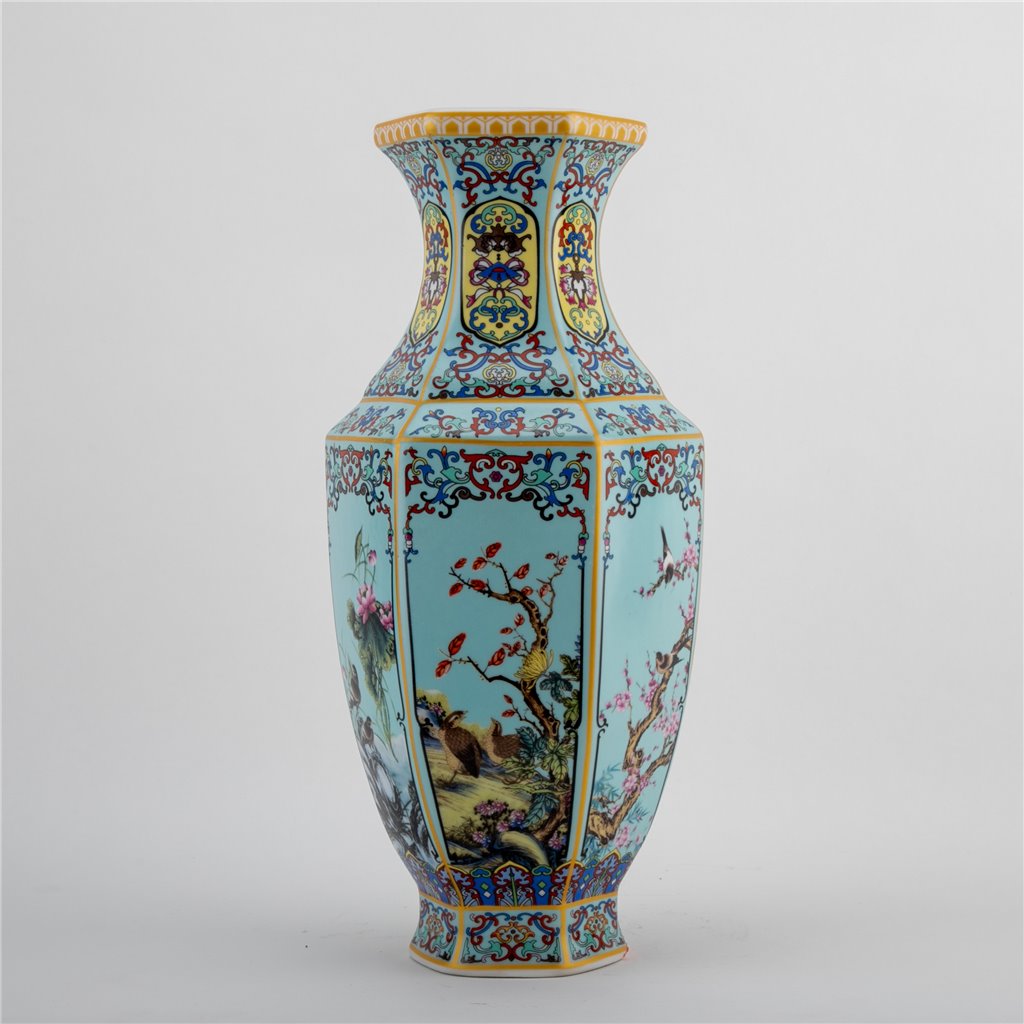 Danny's Fine Porcelain Red Porcelain Hexagonal Vase – Bird & Floral Motif