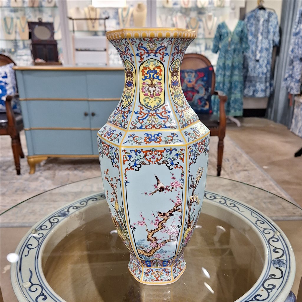 Danny's Fine Porcelain Red Porcelain Hexagonal Vase – Bird & Floral Motif