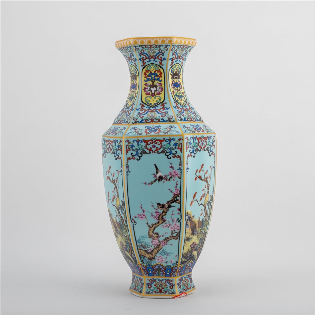 Danny's Fine Porcelain Red Porcelain Hexagonal Vase – Bird & Floral Motif