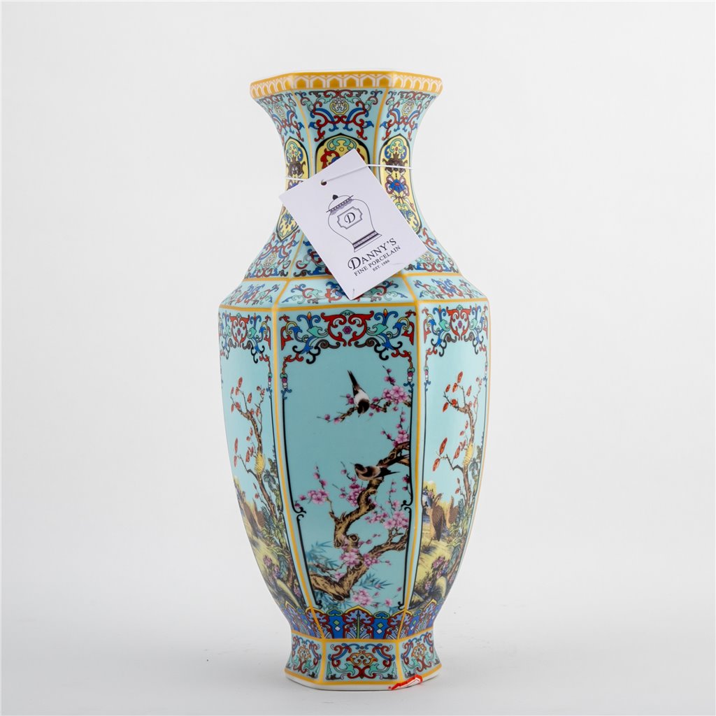 Danny's Fine Porcelain Red Porcelain Hexagonal Vase – Bird & Floral Motif