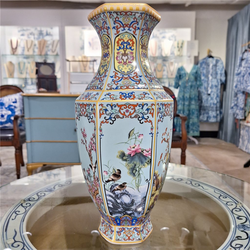 Danny's Fine Porcelain Red Porcelain Hexagonal Vase – Bird & Floral Motif
