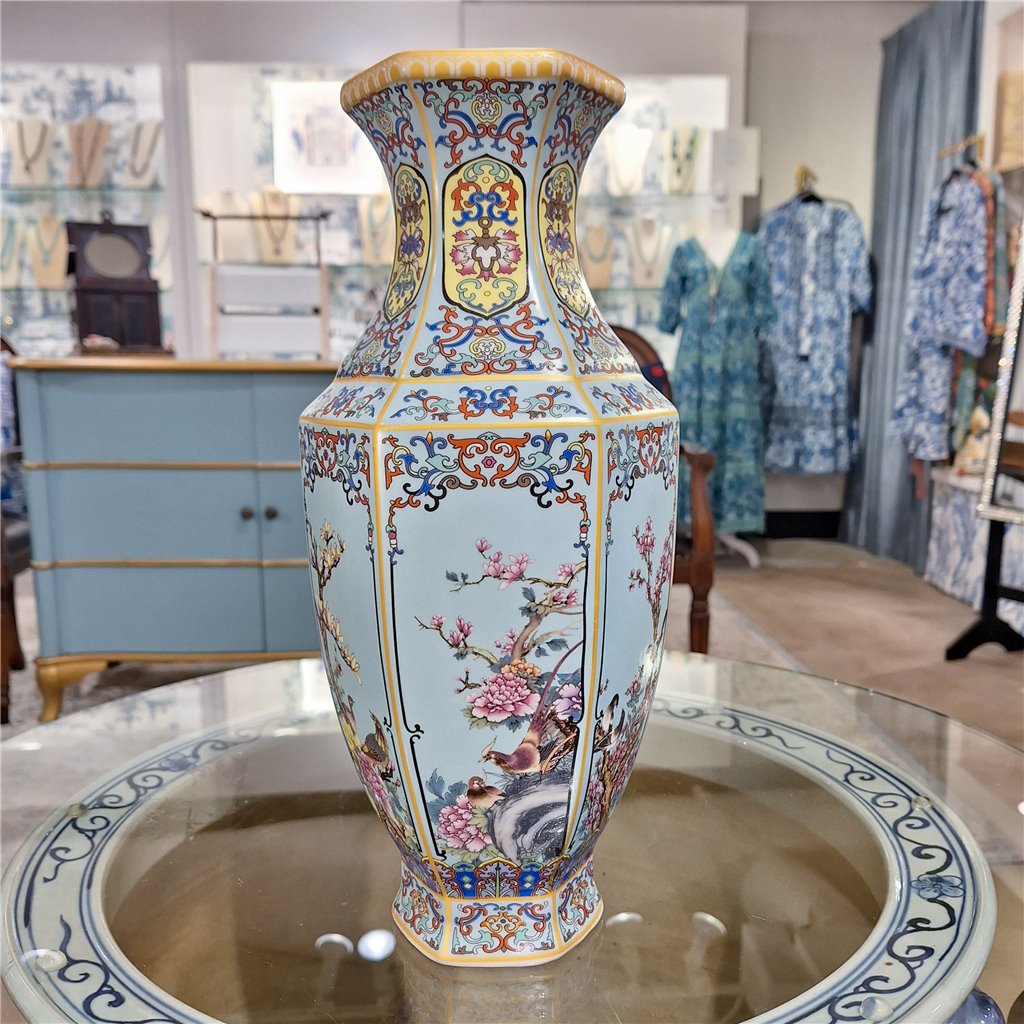 Danny's Fine Porcelain Red Porcelain Hexagonal Vase – Bird & Floral Motif