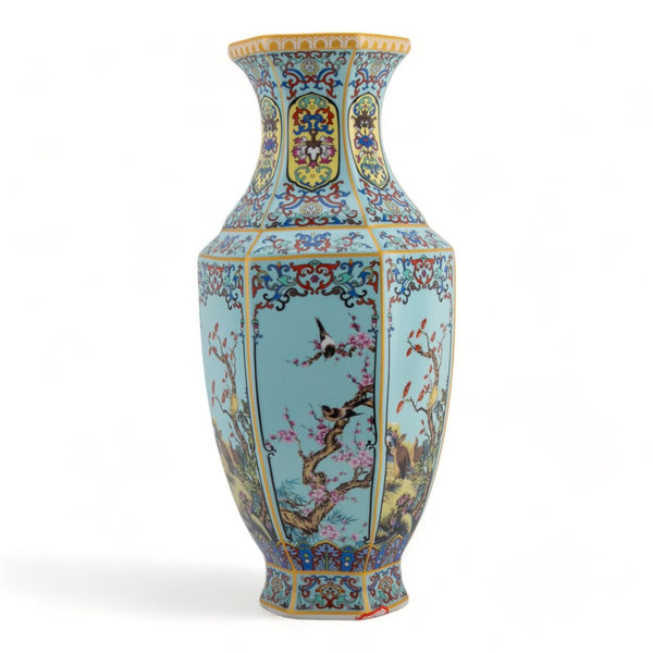 Danny's Fine Porcelain Red Porcelain Hexagonal Vase – Bird & Floral Motif