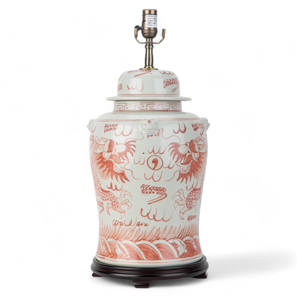 Danny's Fine Porcelain Lidded Jar Lamp- Light Red Dragon