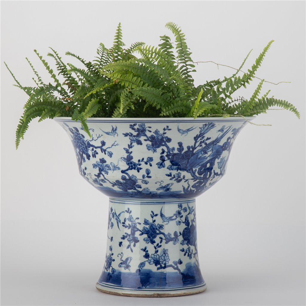Danny's Fine Porcelain Pedestal Stand Round Basin Blue & White Bird