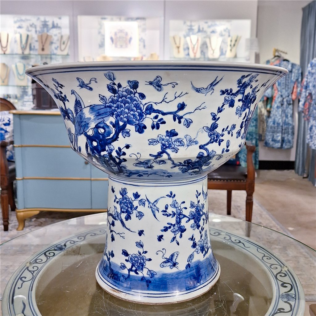 Danny's Fine Porcelain Pedestal Stand Round Basin Blue & White Bird