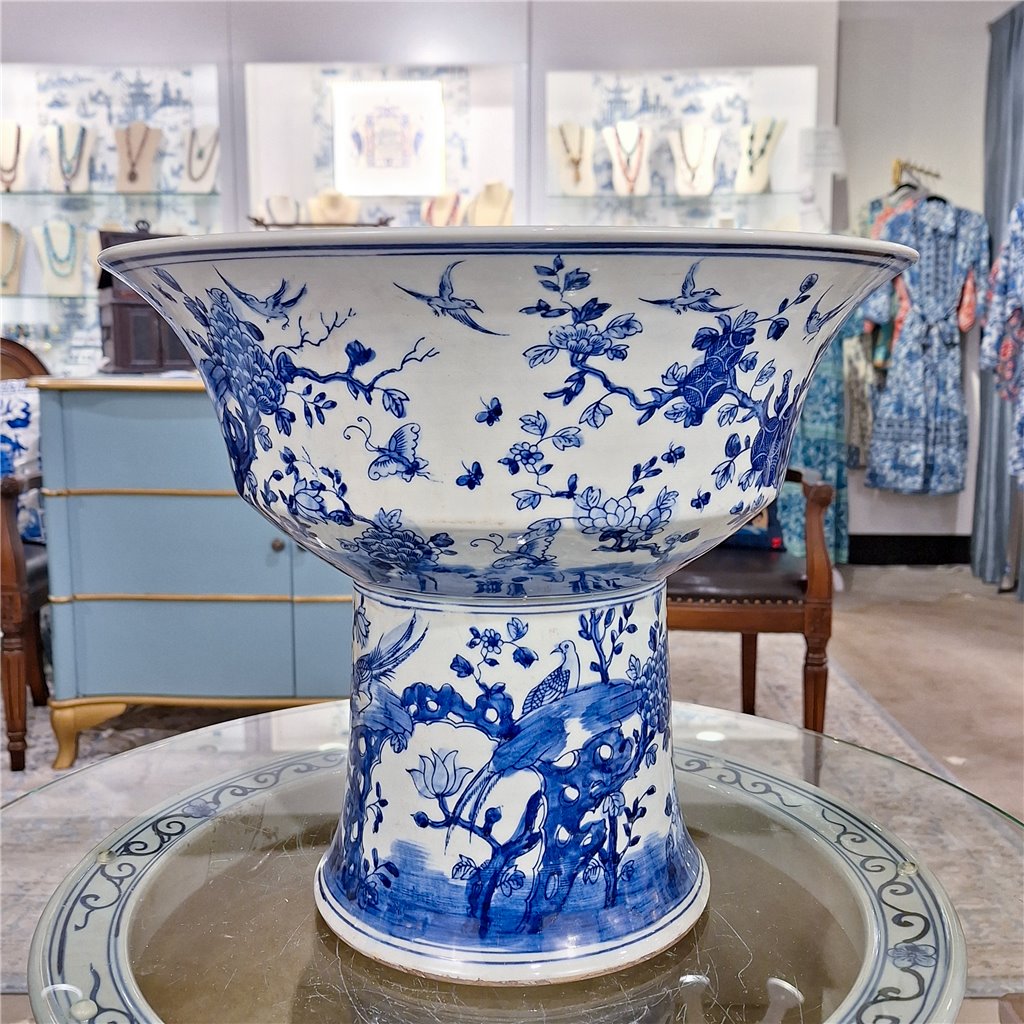 Danny's Fine Porcelain Pedestal Stand Round Basin Blue & White Bird