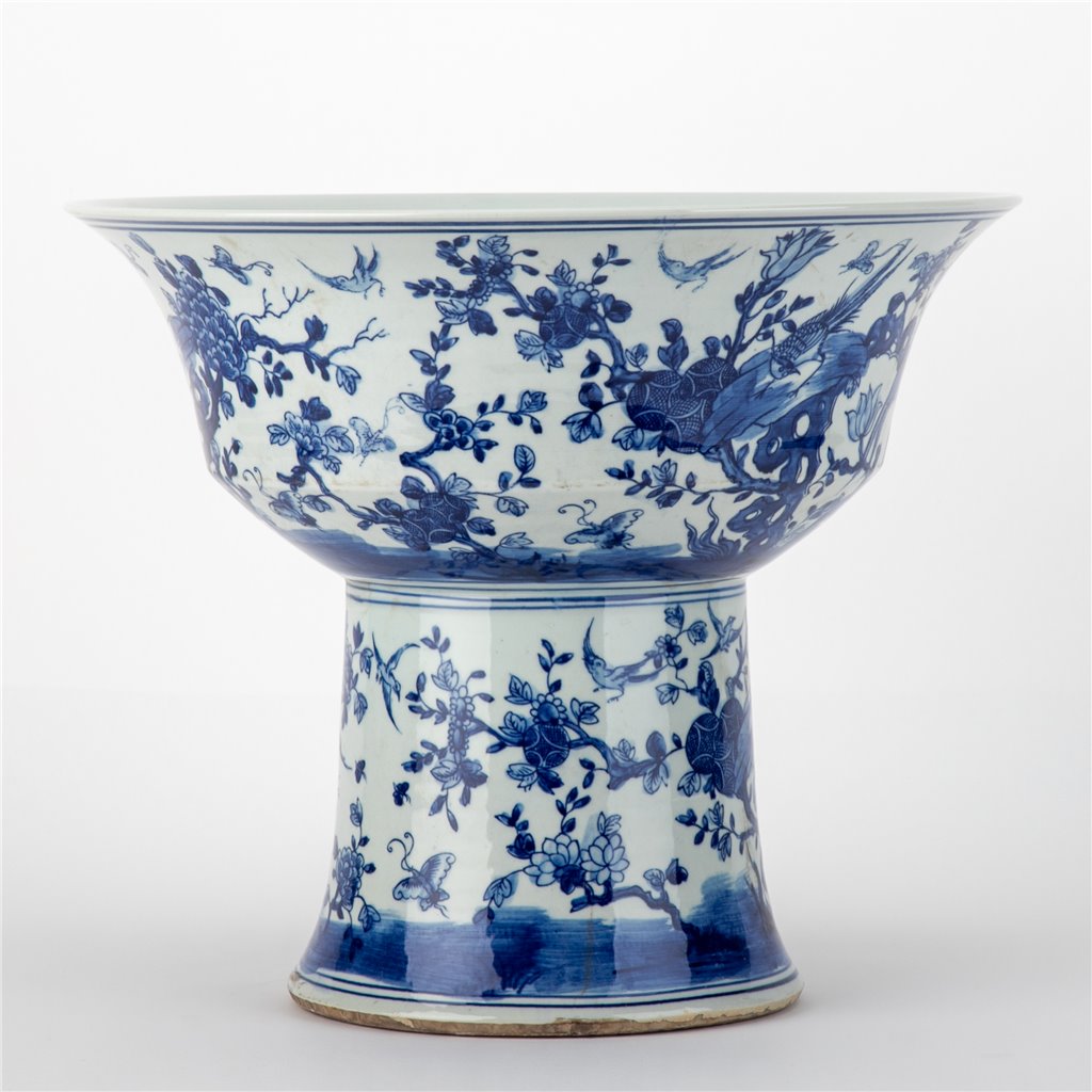 Danny's Fine Porcelain Pedestal Stand Round Basin Blue & White Bird