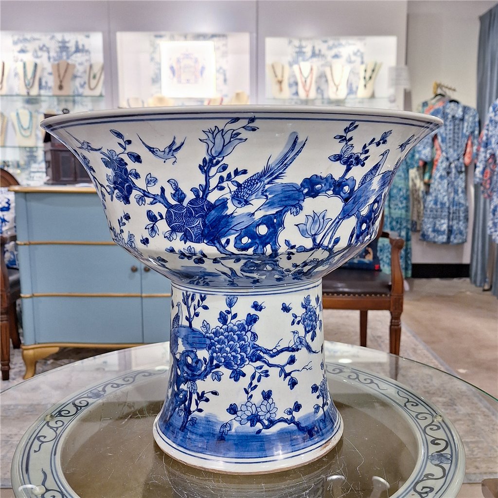 Danny's Fine Porcelain Pedestal Stand Round Basin Blue & White Bird