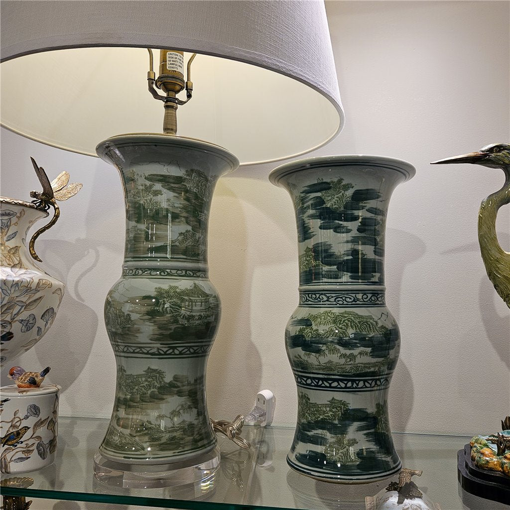 Danny's Fine Porcelain Green Round Lamp – Landscape Motif