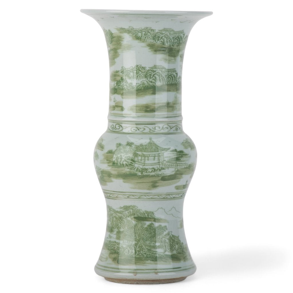 Danny's Fine Porcelain Green Round Vase – Floral & Landscape Motif