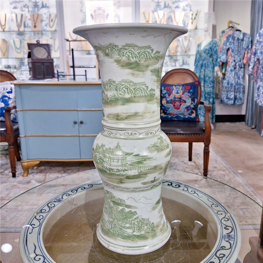 Danny's Fine Porcelain Green Round Vase – Floral & Landscape Motif