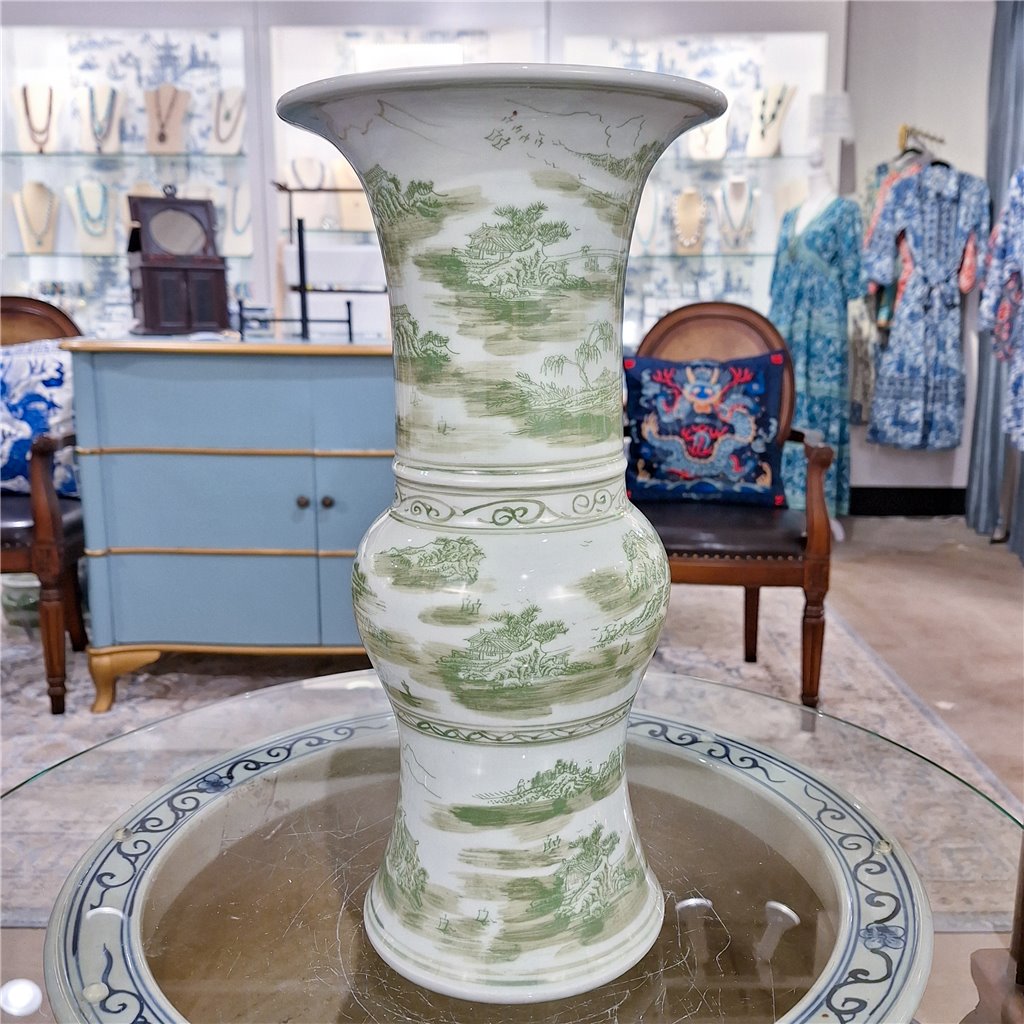 Danny's Fine Porcelain Green Round Vase – Floral & Landscape Motif
