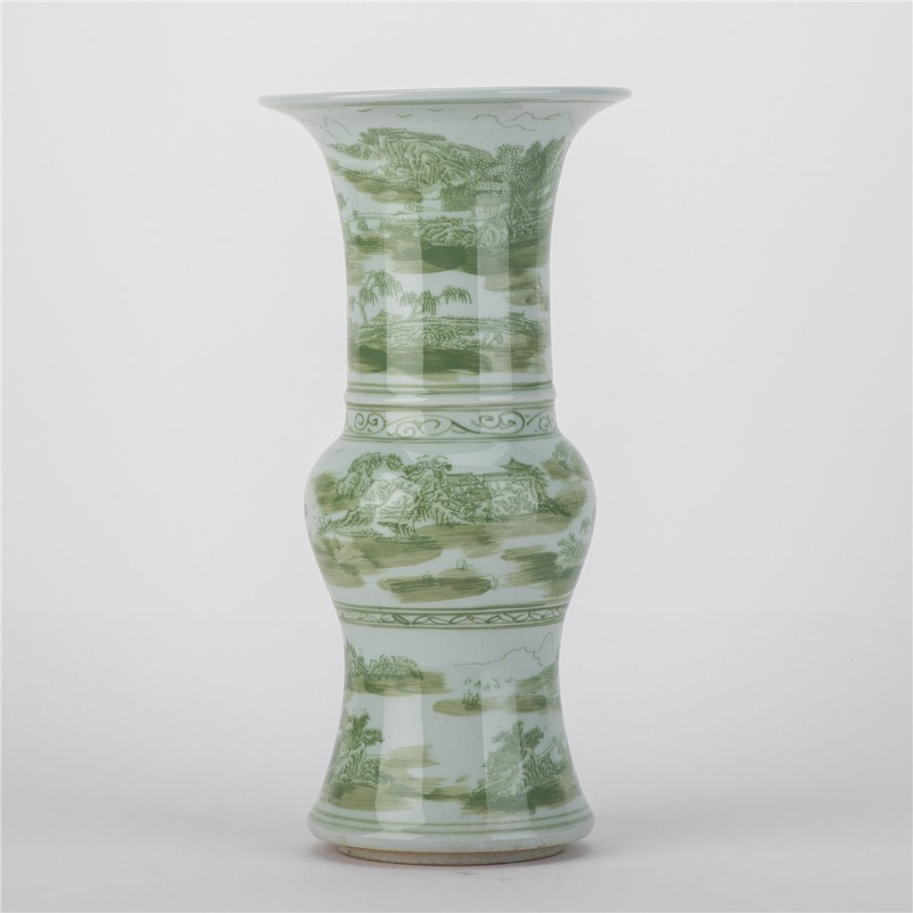 Danny's Fine Porcelain Green Round Vase – Floral & Landscape Motif