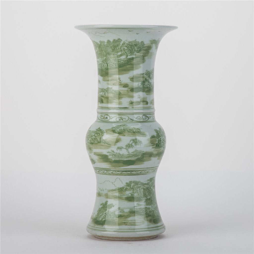 Danny's Fine Porcelain Green Round Vase – Floral & Landscape Motif