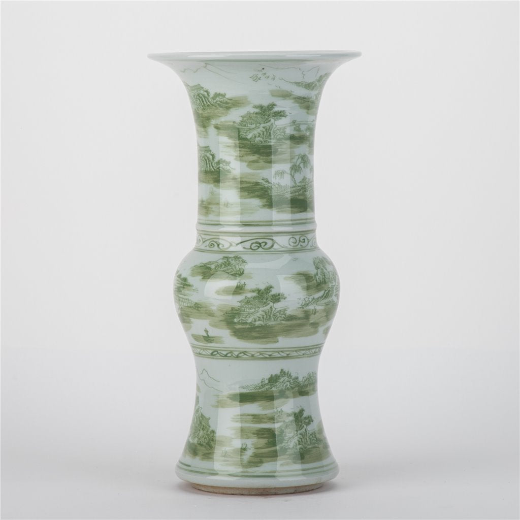 Danny's Fine Porcelain Green Round Vase – Floral & Landscape Motif