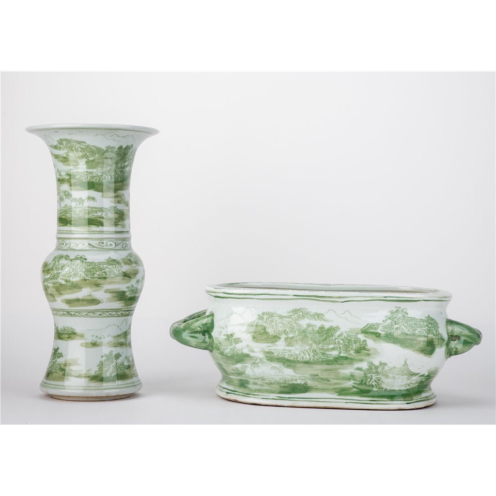Danny's Fine Porcelain Green Round Vase – Floral & Landscape Motif