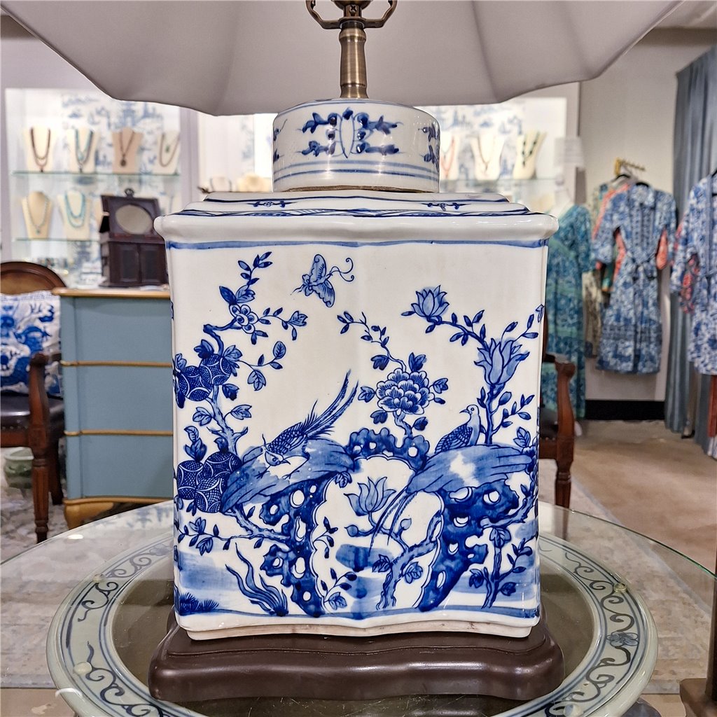 Danny's Fine Porcelain Rectangular Lidded Tea Jar Lamp Floral & Bird