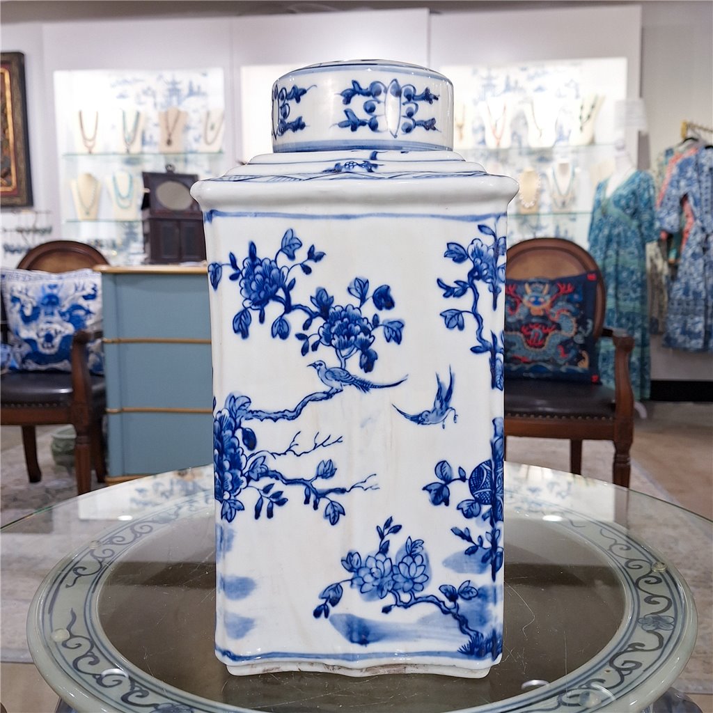 Danny's Fine Porcelain Rectangular Lidded Tea Jar Floral & Bird