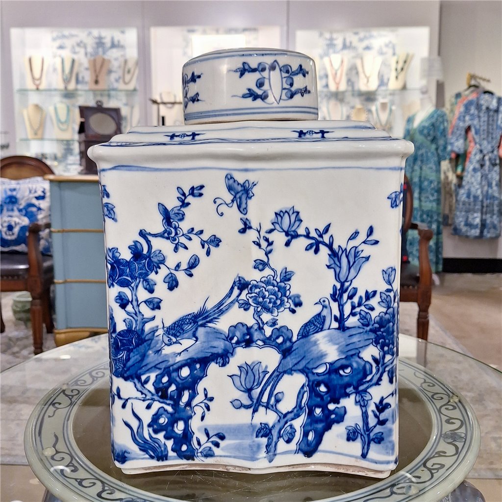 Danny's Fine Porcelain Rectangular Lidded Tea Jar Floral & Bird