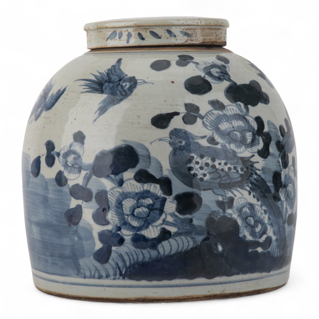 Danny's Fine Porcelain Blue & White Lidded Jar Antique Finish with Hand-Painted Birdsht