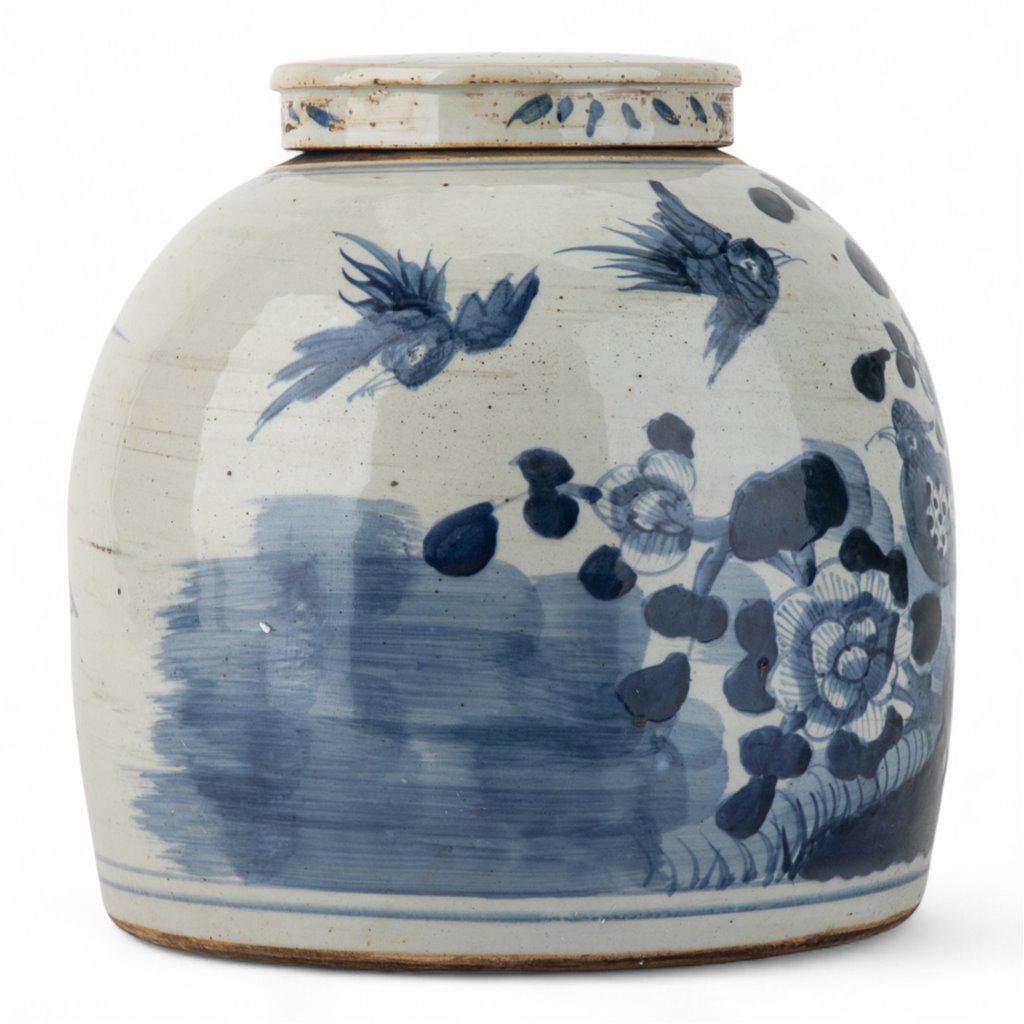 Danny's Fine Porcelain Blue & White Lidded Jar Antique Finish with Hand-Painted Birdsht