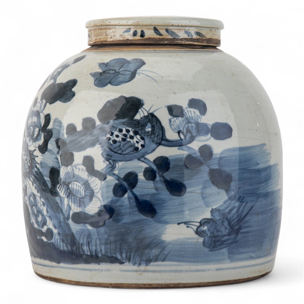 Danny's Fine Porcelain Blue & White Lidded Jar Antique Finish with Hand-Painted Birdsht