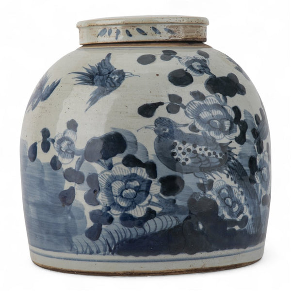 Danny's Fine Porcelain Blue & White Lidded Jar Antique Finish with Hand-Painted Birdsht